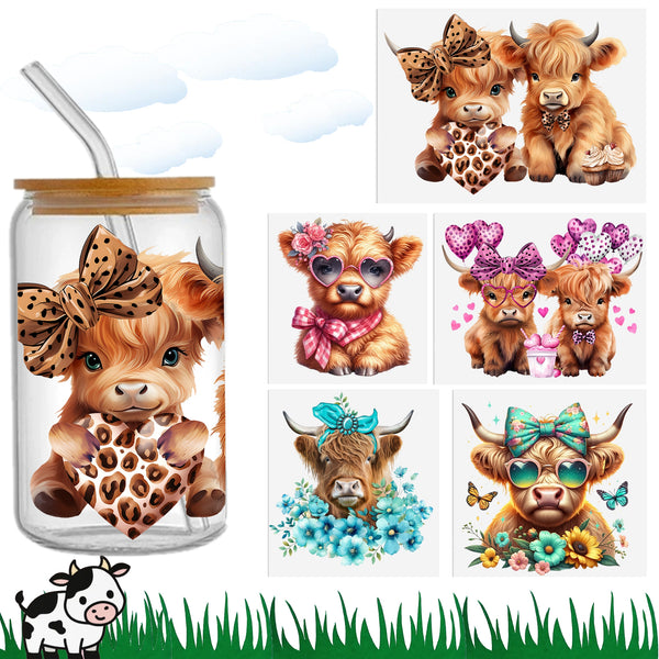 9pcs/set UV DTF Cup Wrap Decals Cow Design UV DTF Transfer Sticker Waterproof Sticker For 16OZ Libbey Glass Cups And For Any Hard Suface Furniture Craft Wood DIY Crafts