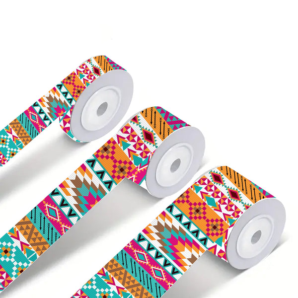 Multi-Size, Southwest Aztec Tribal Stripes Printed Grosgrain Ribbon - 3/8 - 5/8 - 1 - 1.5 - 3 Inch for DIY Crafts, Collars, Hair Bows, Sewing, Gift Wrap, Wedding & Party Decorations