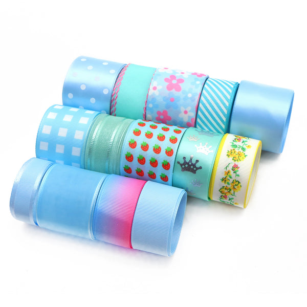 14rolls Blue Series Flower Strawberry Print Ribbon Roll Mixed Material Design Size Grosgrain Satin Ribbon Set For Gift Package Wrapping, Hair Bow Clip Craft Accessory Making, Crafting Holiday Wreaths Decor(1yard/roll, 14rolls/set)