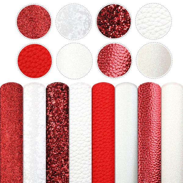 8Pcs/set Valentine's Day Theme Faux Leather Sheets 7.87x12.99inch Shimmer Chunky Glitter Synthetic Leather Fabric Red White Series for DIY Earrings Bows Crafts Festival Decorations