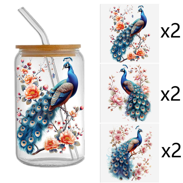 6pcs/set Peacock UV DTF Cup Wraps Decals Printing Waterproof Transfer Sticker For 16OZ Glass Can Wrap, 3d Crystal Label Waterproof And Scratch Resistant, DIY WrapTransfer Sticker Fashion Women Decals DIY Crafts