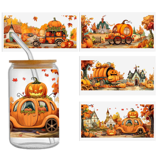 4peices/set UV DTF Cup Wrap Decals halloween pumpkin Series For Any Hard Surface, Scratch-Resistant Decals With Vibrant Colors & UV DTF Transfer Sticker Waterproof Sticker For Libbey Glass Cups 16OZ DIY Tumbler Furniture gift