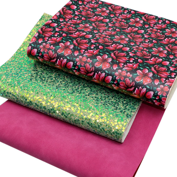 Flower Faux Synthetic Leather Set 3piece/set 7.7*12.9inch Fabric Sheets For DIY Bows Leather Crafts Handmade Material