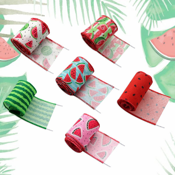 1 Roll 2.5 Inch X 5 Yards/roll Summer Watermelon Printed Decorative Imitation Burlap Wire Edge Ribbon Home Decoration For DIY Gift Box Packaging Bowknot Craft Material