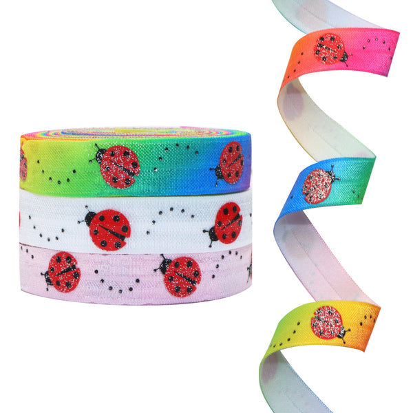 5 Yards/roll 0.63inch/16mm Glitter Ladybug Printed Sewing Fold Over Elastic Stretch FOE and Foldover FOE Trim Elastic Ribbon For Hair Ties Headbands