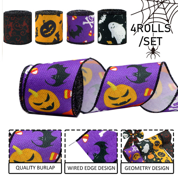 4 Rolls, 20 Yards Halloween Wired Edge Ribbon Spider Pumpkin Ghost Candy Corn Bat Pattern Craft  Ribbon Gift Wrapping Ribbon For Halloween Wreaths, Garlands, Bows, DIY Crafts