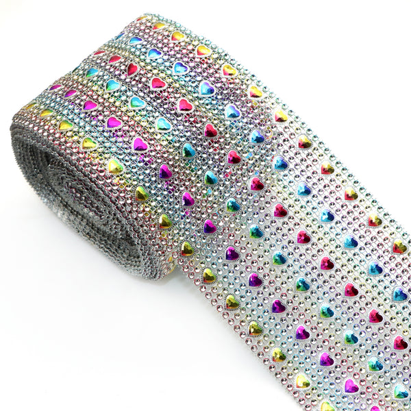 1Yard Heart Love Valentine's Day Sparkling Diamond Mesh Wrap Ribbon - Shimmering Silver Rhinestone Decorative Tape with Crystal Tulle for Home Decor, Wedding, Party Crafts and Seasonal Celebrations - Easy to Use, Durable, and Versatile