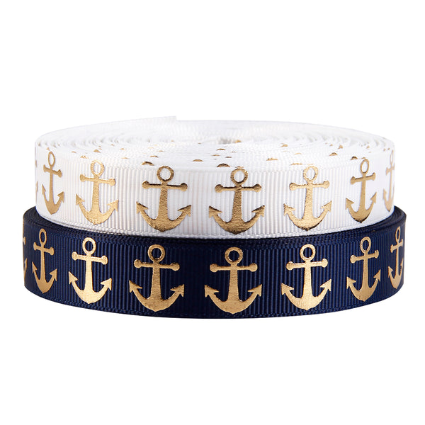 5yards Golden Anchor Print Grosgrain Ribbon 16mm/0.63in Wide Navy White Ribbon Roll for Wreaths Gift Wrapping Party Decoration DIY Big Hair Bows Crafts Headwear Accessories