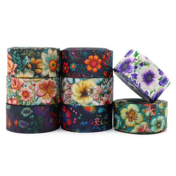 8 Rolls, 1 Inch X 5 Yards/roll Flower Floral Printed Grosgrain Ribbon Set For Gift Wrapping Ribbon Holiday DIY Craft Ribbons For Home Party Decor