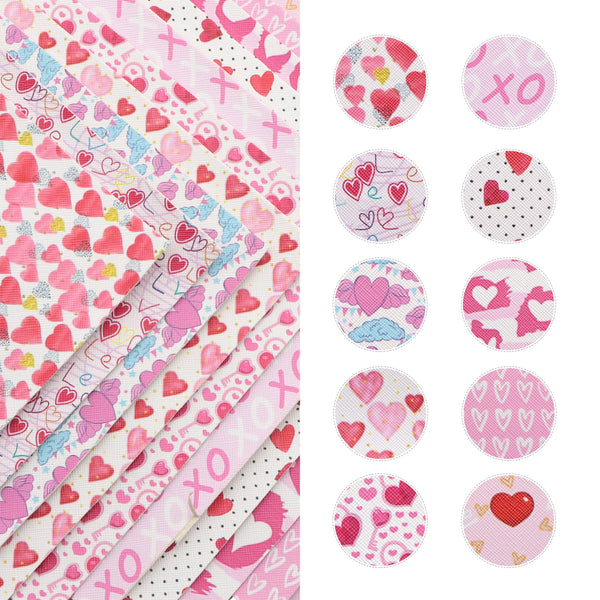 10pcs/Set 7.87x12.99inch Valentine's Day Love Printed Glitter Faux Synthetic Leather Sheet Fabric Set 20x33cm for Bows Earrings DIY Handmade Material