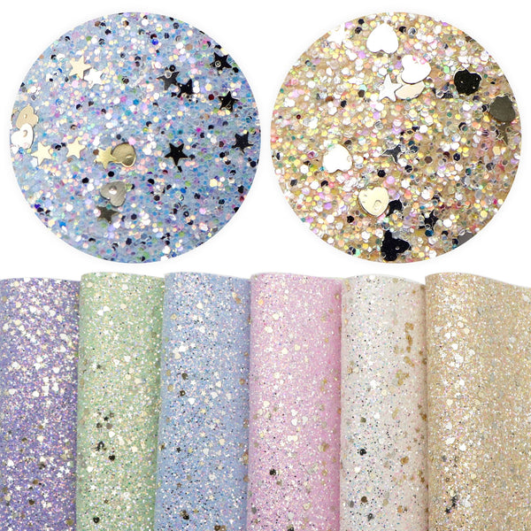 6pcs/set 7.87x12.99inch Shimmer Chunky Glitter Faux Leather Set Heart Sequins Synthetic Leather Fabric Sheets for DIY Earrings Hair Bows Crafts Supply