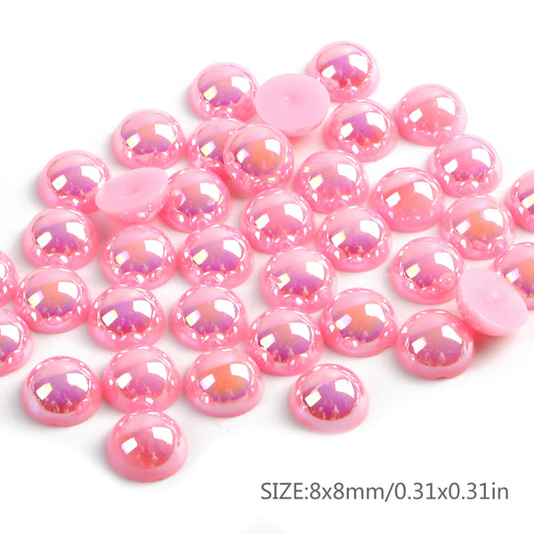 8mm 100pcs Half Round Pearls Magic Color Iridescent Rainbow Colorful Beads, ABS Imitation Flatback Pearl Beads Luster Loose Cabochon Pearls For Crafts Necklaces Bracelets Jewelry Decorations Wedding Dress Nail Art