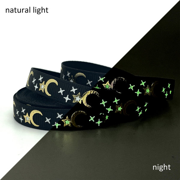 5yards 9mm/0.35 inch Star Glow in the Dark Golden Moon Foil Print Grosgrain Ribbon Roll For Christmas Wreaths Gift Wrapping Party Decoration DIY Hair Bows Crafts Headwear Decoration Sewing Accessories