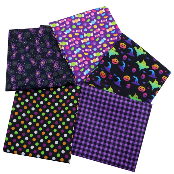 5-Piece Halloween Polyester Holiday Fabric Bundle 7.87X7.87" - Thick, Pre-Cut Quilting Squares With Spider pumpkin Candy Designs For Diy Crafts And Decorations