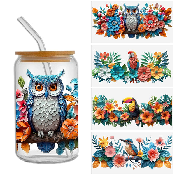 4pcs/set Parrot owl Bird Uv Dtf Transfer 3D Design Wraps Transfer Decals, Waterproof UV DTF Cup Wrap Decals Rub On Transfer Stickers For 16 OZ Libbey Glass Can Wrap, Mug Water Bottle Cup And Any Hard Surface, -High Quality 4.3inx9.4in