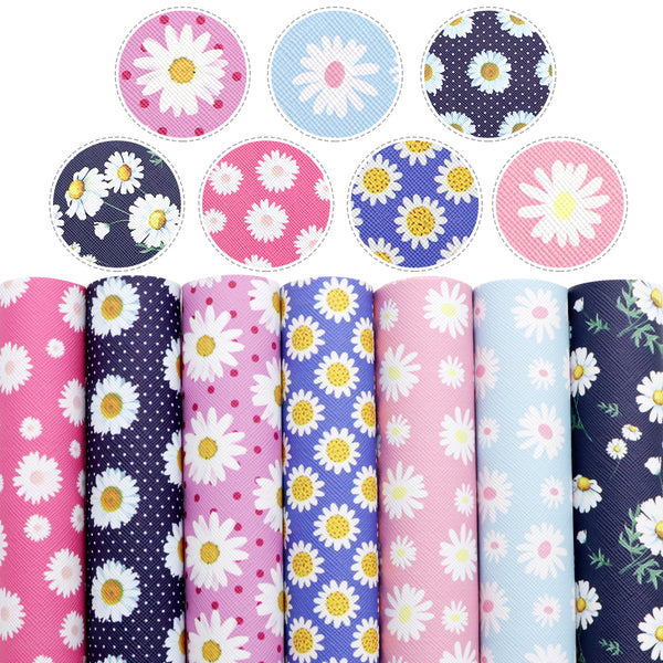 Daisy Flower 7-Piece Set Faux Leather Fabric, 7.87x12.99inch,PVC Material Synthetic Leather- Perfect For Diy Earrings, Bag,Hair Bows, And Crafts