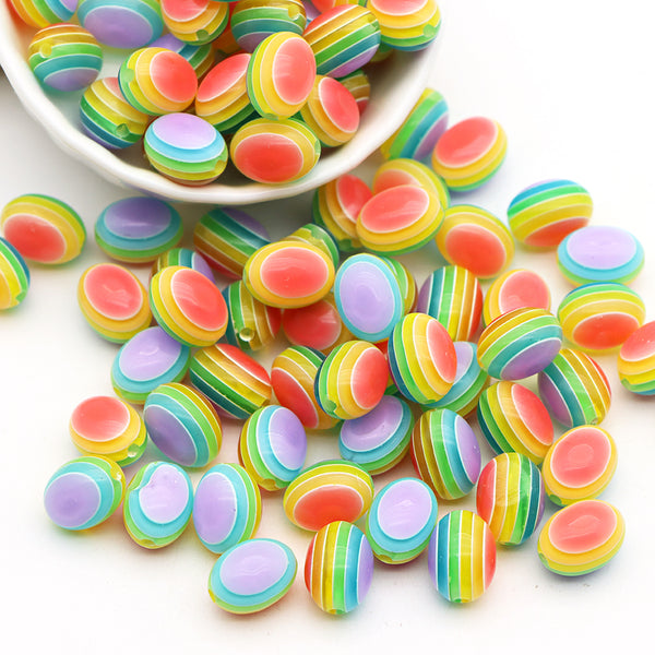 10Pcs Geometry Oval Shaped Acrylic Beads Rainbow Color Striped Pattern Loose Spacer Beads with Hole for Jewelry Making DIY Bracelet Necklace Chain Earrings Charm Bangle Decors Craft Supplies