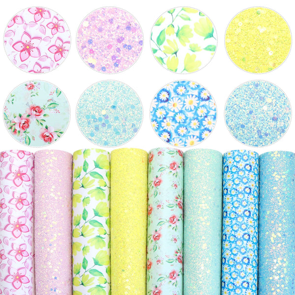 8Pcs/set Shimmer Chunky Glitter Solid Color Faux Leather Sheets 7.87x12.99inch Blossom Flowers Leaves Printed Synthetic Leather Fabric Spring Series for DIY Earrings Bows Crafts Projects Decorations