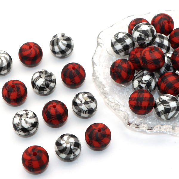 5Pcs 15mm Festive Silicone Beads Plaid Grid Pattern Round Shaped Focal Beads Loose Spacer Beads for DIY Jewelry Making Accessories DIY Bracelet Necklace Chain Earrings Charm Bangle Decors Craft Pen Supplies