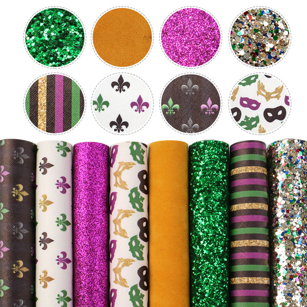 Mardi gras Faux Synthetic Leather Set 8piece/set 7.7*12.9inch Fabric Sheets For DIY Bows Leather Crafts Handmade Material