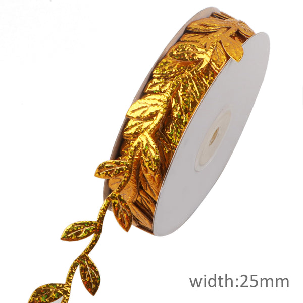 1inch/25mm Gold Silver Leaf Ribbon 20 Yards Leaves Trim Rope Artificial Leaf Ribbon For Wreath Making Christmas Gift Wrapping Party Wedding Home Decorations