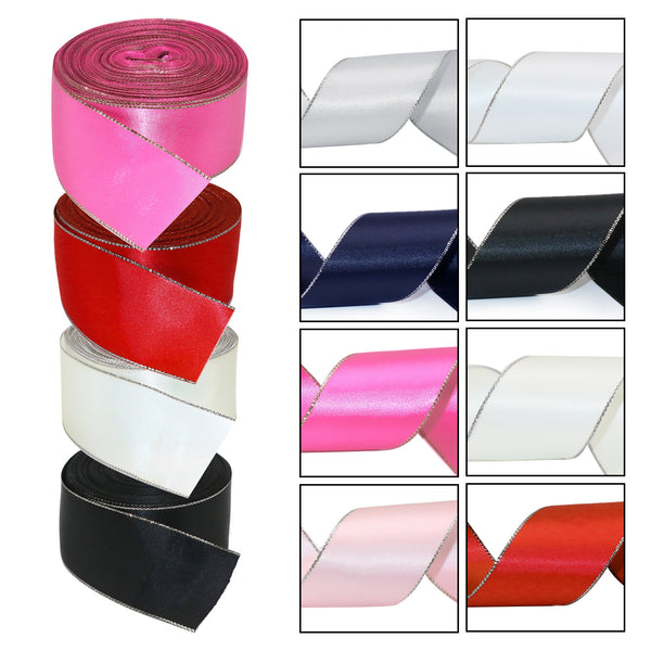 20 Yards/roll 1.5inch/38mm Double-sided Colored Satin Ribbon With Silver Border For Decorating Gifts Wrapping Christmas Ornaments Hair Accessories DIY Craft Ribbons