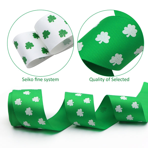 1roll,5yards St. Patrick's Day Grosgrain Ribbon Roll 38mm/1.5in Shamrock Ink Print Ribbon for Gift Package Wrapping, DIY Hair Bow Clip Accessory Making, Crafting Holiday Wreaths Decor