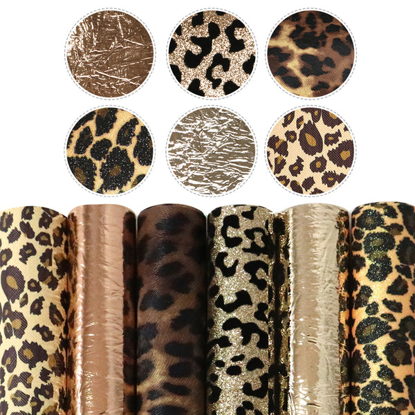 Animal Textured Faux Leather Set Shimmer Glitter Leopard Printed Metallic Solid Color Synthetic Leather Fabric 6Pcs/set 20x33cm for DIY Earrings Hair Bows Crafts Projects