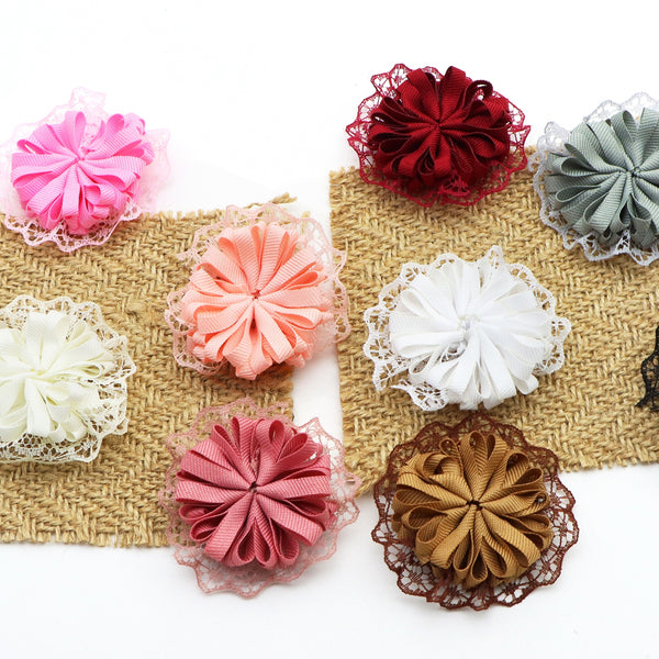 10 Pcs 5cm/2inch Solid Color Ribbon Lace Flower  ( No Hair Clips ) For DIY Hair Accessories Headband , Making Dress Brooch Sandal Flowers Gifts Supplies