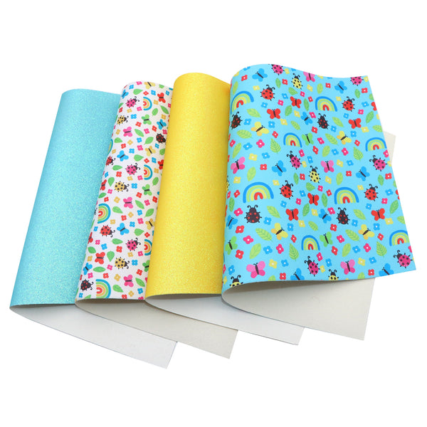 4pcs/set ladybug Flower butterfly leaves Synthetic Leather Set  7.7*12.9inch Fabric Sheets For DIY Wallet Coin Purse Credit Card Holder Bows Leather Crafts Handmade Material