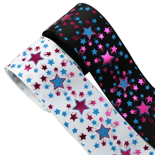 1 Roll, 1.5Inch/38mm X 5 Yards/roll Hot Pink Foil Star Printed Grosgrain Ribbon For Gift Wrapping Ribbon Holiday DIY Craft Ribbons For Home Party Christmas Wedding Decor