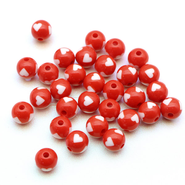 10Pc Acrylic Beads Heart Printed Round Shaped Loose Spacer Beads with Hole for Jewelry Making DIY Bracelet Necklace Chain Earrings Charm Bangle Decors Craft Supplies