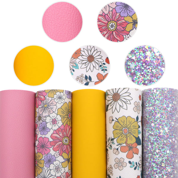 Flower 5-Piece Set Faux Leather Fabric, 7.87x12.99inch,PVC Material Synthetic Leather- Perfect For Diy Earrings, Bag,Hair Bows, And Crafts