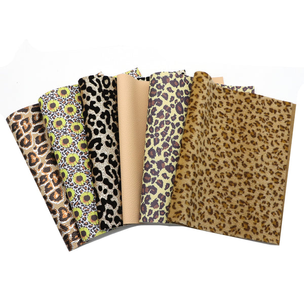 6pcs/set Sunflower leopard lychee Faux Synthetic Leather Set 7.7*12.9inch Fabric Sheets For DIY Bows Artificial Leather Crafts Handmade Material