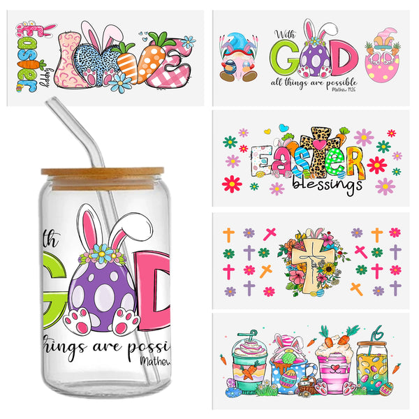 5ps/Set Waterproof Easter Series Sticker For 16oz Glass Cups,Uv Dtf Transfer Diy Crystal Label,Faith Cross Libbey Glass Wrap ,Vinyl Cup Wrap ,Uv Stickers Diy Sticker For Glass Bottle-High Quality (11x24cm) 4.3inX 9.4in