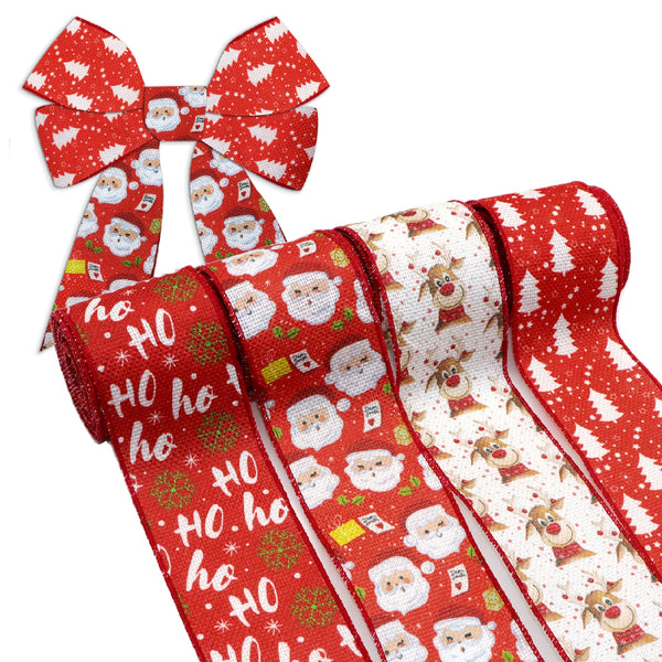 4 Rolls 2.5 Inch X 5 Yards/roll Christmas Red Series Santa Deer Tree Printed Decorative Imitation Burlap Wire Edge Ribbon Home Decoration For DIY Gift Box Packaging Bowknot Craft Material