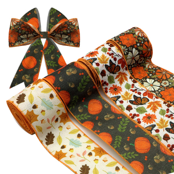 1 Roll 2.5 Inch X 5 Yards/roll Flower Butterfly Pumpkin Leaves Printed Decorative Imitation Burlap Wire Edge Ribbon Home Decoration For DIY Gift Box Packaging Bowknot Craft Material