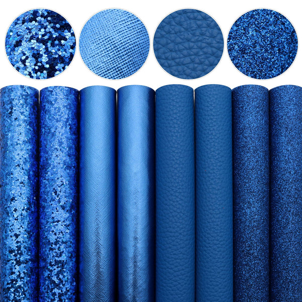 8pcs/Set 7.87x12.99inch Blue Color Shimmer Faux Leather Sheets Chunky Glitter Lychee Pattern Synthetic Leather Fabric Set 20x33CM for DIY Earrings Bows Handbag