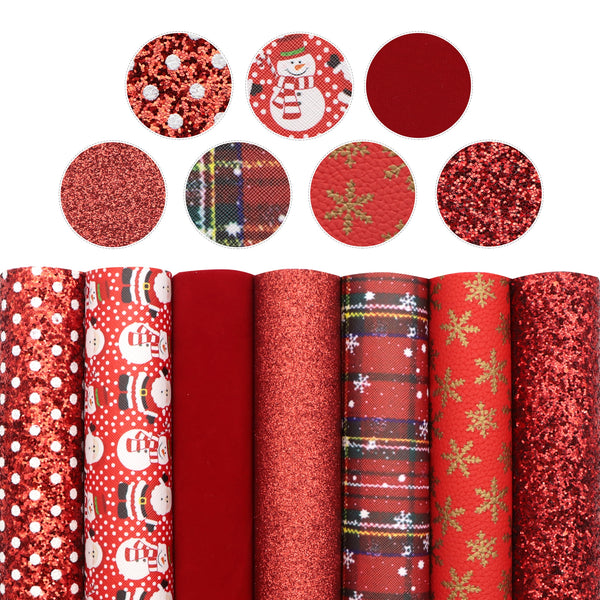 7pcs/set dots plaid santa claus Christmas chunky glitter Faux Synthetic Leather  7.7*12.9inch Fabric Sheets For DIY Bows, Waist Belt, Earrings, Handbag, Phone Case, Pencil Case ,Shoes Bags Artificial Leather Crafts Handmade Material