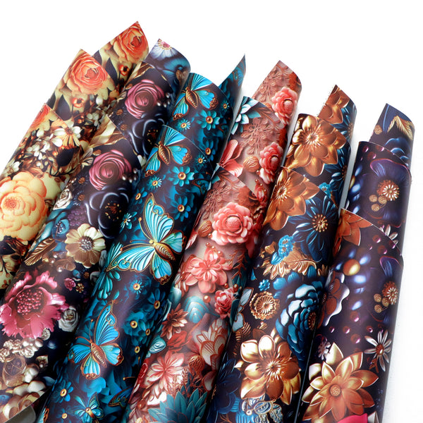 1Roll 11.8x55.1inch Smooth Textured Faux Leather Sheet 3d Scene Blossom Flowers Floral Dragonfly Printed Synthetic Leather Fabric Roll for DIY Earrings Hair Bows Crafts Projects Supply