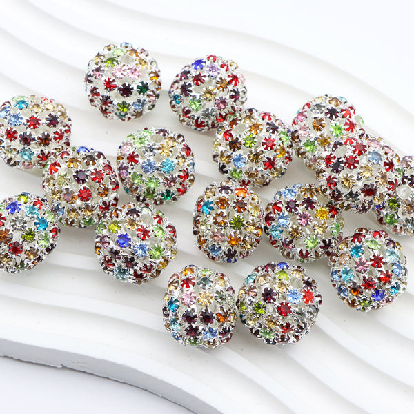 1Pc Sparkling Rainbow Rhinestone Faux Crystal Beads Round Metal Ball Loose Spacer Beads with Hole for Jewelry Making DIY Bracelet Necklace Chain Earrings Charm Bangle Decors Craft Supplies