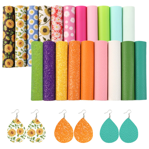 A5 Size Faux Leather Set Sunflower Floral Printed Synthetic Leather Fabric Sheets 20Pcs/set Solid Color Chunky Glitter Jelly for DIY Earrings Hair Bows Crafts