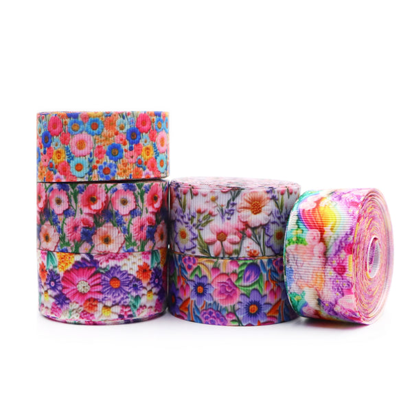 6 Rolls, 1 Inch X 5 Yards/roll Flower Printed Grosgrain Ribbon Set Floral Pattern Ribbon For Gift Wrapping Ribbon Holiday DIY Craft Ribbons For Home Party Decor