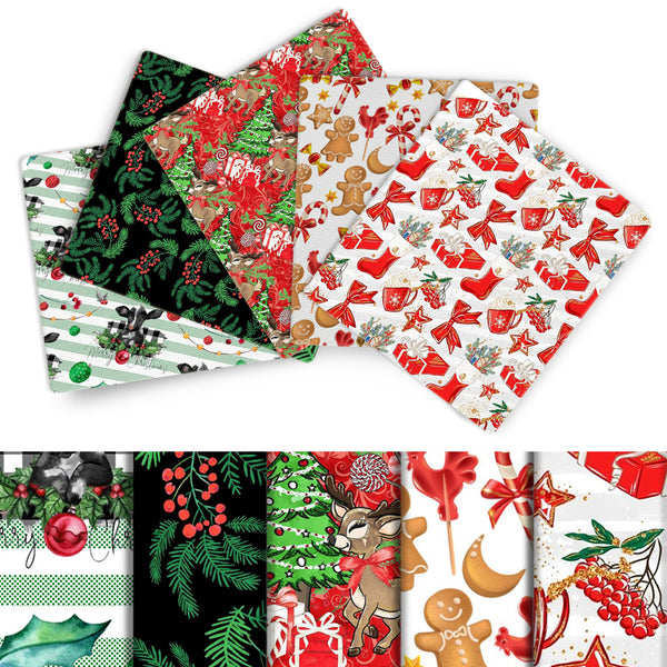 5pcs/set 7.87x7.87inch Christmas Cow Deer Holly Santa Claus Present Series Cloth Quilting  Fabric Squares Bundles Scraps For Christmas Holiday DIY Crafting Sewing Patchwork (108gsm)