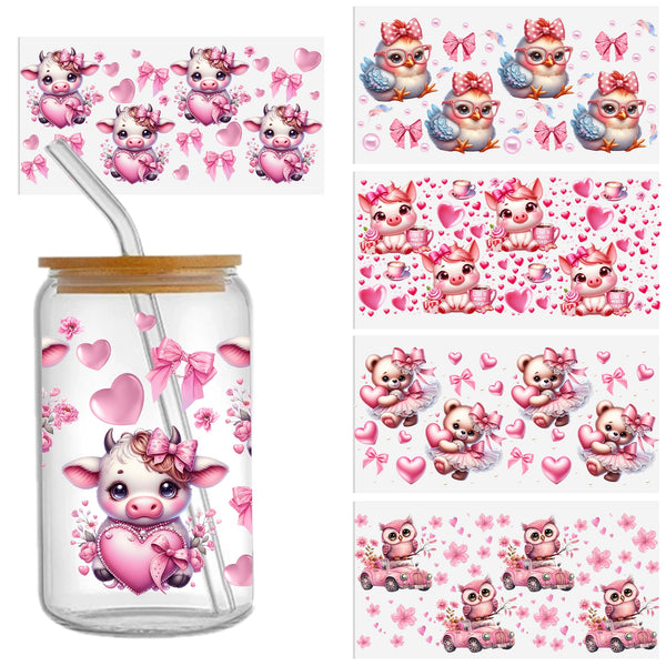 5pcs/set UV DTF Cup Wrap Decals Valentine's Day cute Animals-Chicken-Owl-Cow-Bear-Pig Series For Any Hard Surface, Scratch-Resistant Decals With Vibrant Colors  Sticker Waterproof Sticker For Libbey Glass Cups 16OZ DIY Tumbler Furniture gift