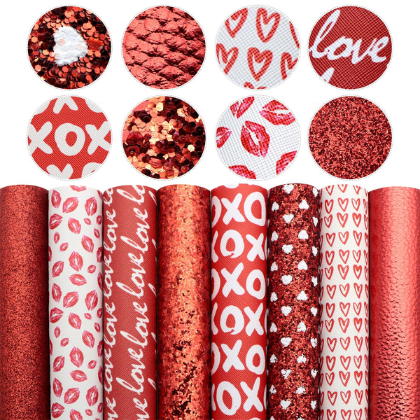 8Pcs/set Valentine's Day Theme Faux Leather Sheets 7.87x12.99inch Heart Love Lips Printed Synthetic Leather Fabric for DIY Earrings Bows Crafts Festival Decorations