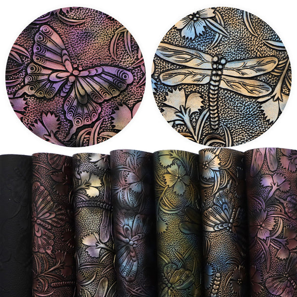 7pcs Bump Textured Faux Leather Set Cartoon Dragonfly 7.87x12.99inch Synthetic Leather Fabric Sheets Gradient Metallic Color for Earrings,Bags,Phone Case,Pencil Case,Wallet,Handbags,Making DIY Craft,Hair Accessories DIY Projects