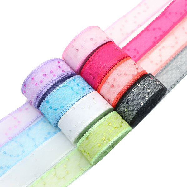 1 Roll 5 Yards 1inch/25mm Glitter Sequin Organza Ribbon For Clothing Trim Accessories DIY Hairbow Craft Gift Wrapping Sewing Birthday Party Home Decor