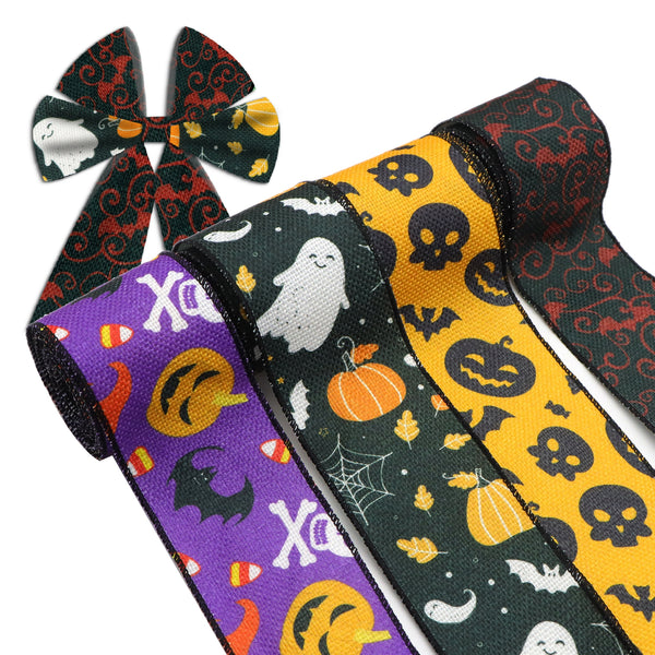 1 Roll 2.5 Inch X 5 Yards/roll Halloween Series Ghost Pumpkin Bat Printed Decorative Imitation Burlap Wire Edge Ribbon Party Decoration For DIY Gift Box Packaging Bowknot Craft Material