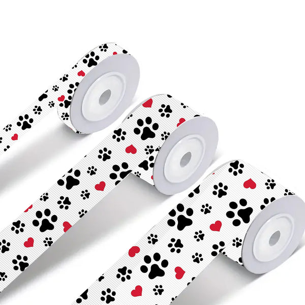 Pet Paw Print Grosgrain Ribbon Roll - 5 Yards, Assorted Sizes (16mm/22mm/25mm/38mm/75mm) for DIY Crafts, Hair Bows, Wedding & Party Decorations